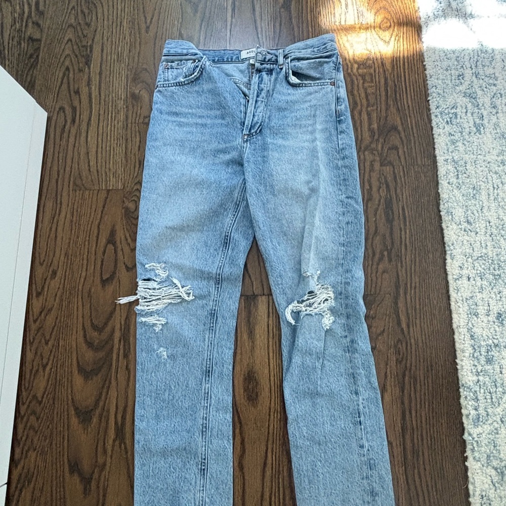 Agolde Blue Straight Leg Jeans with Distressed Details